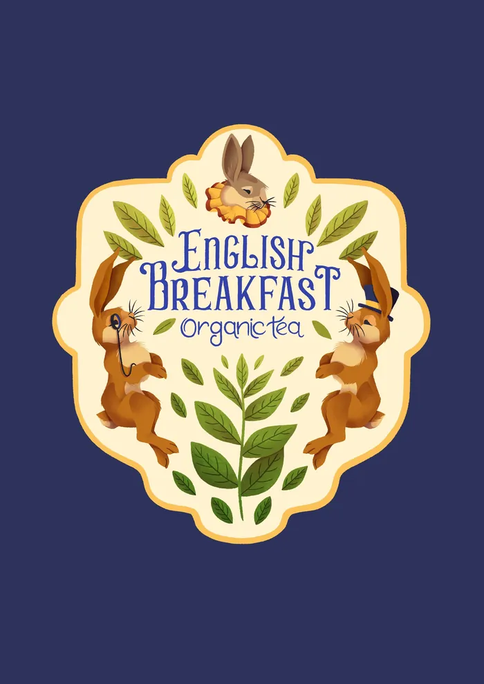 English Breakfast tea label with illustrated rabbits and leaves by Luiza Laffitte