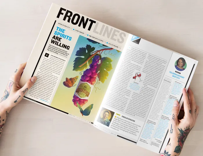 Illustration of a wine bottle and grapes in magazine layout by Luiza Laffitte