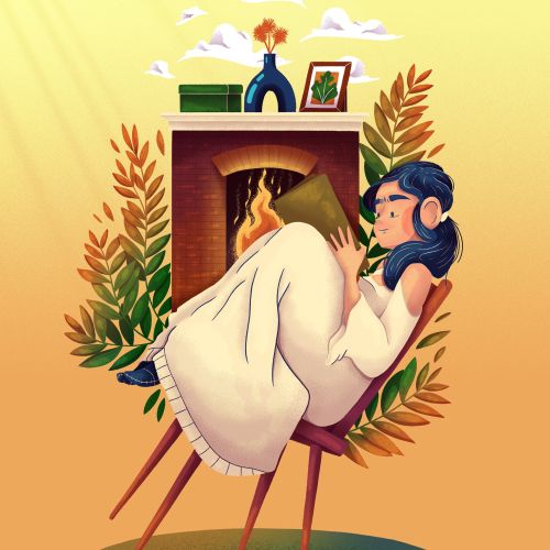 Person reading a book by a cozy fireplace, illustration by Luiza Laffitte
