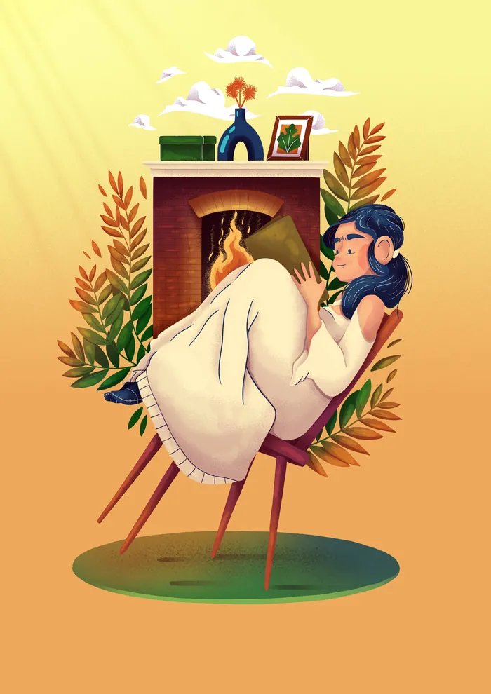 Person reading a book by a cozy fireplace, illustration by Luiza Laffitte