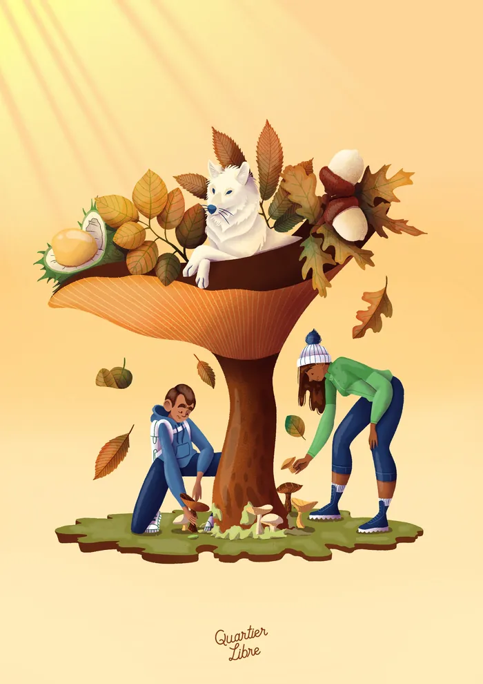 Illustration of two people gathering mushrooms under a tree with a rabbit in a hollow, by Luiza Laff