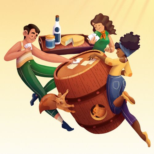 Three friends playing cards around a barrel table by Luiza Laffitte