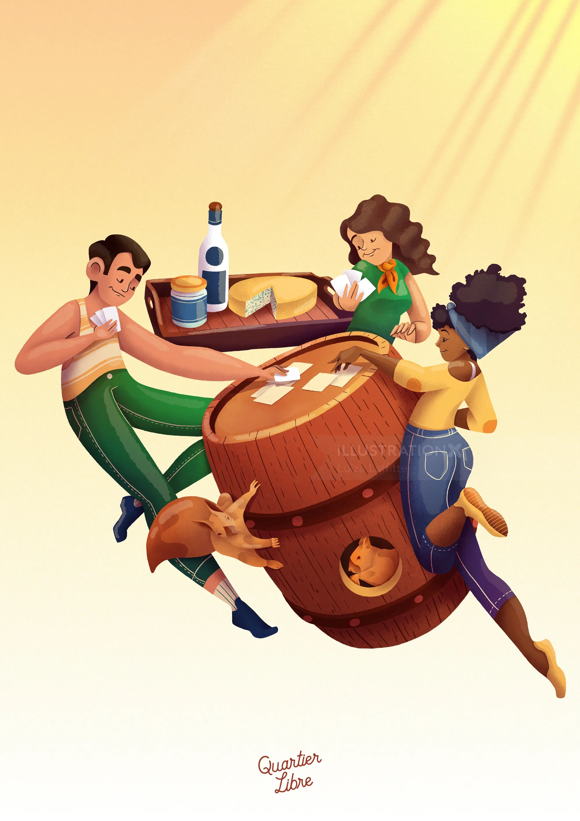 Three friends playing cards around a barrel table by Luiza Laffitte