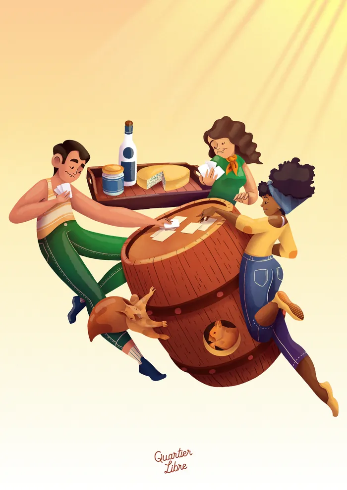Three friends playing cards around a barrel table by Luiza Laffitte