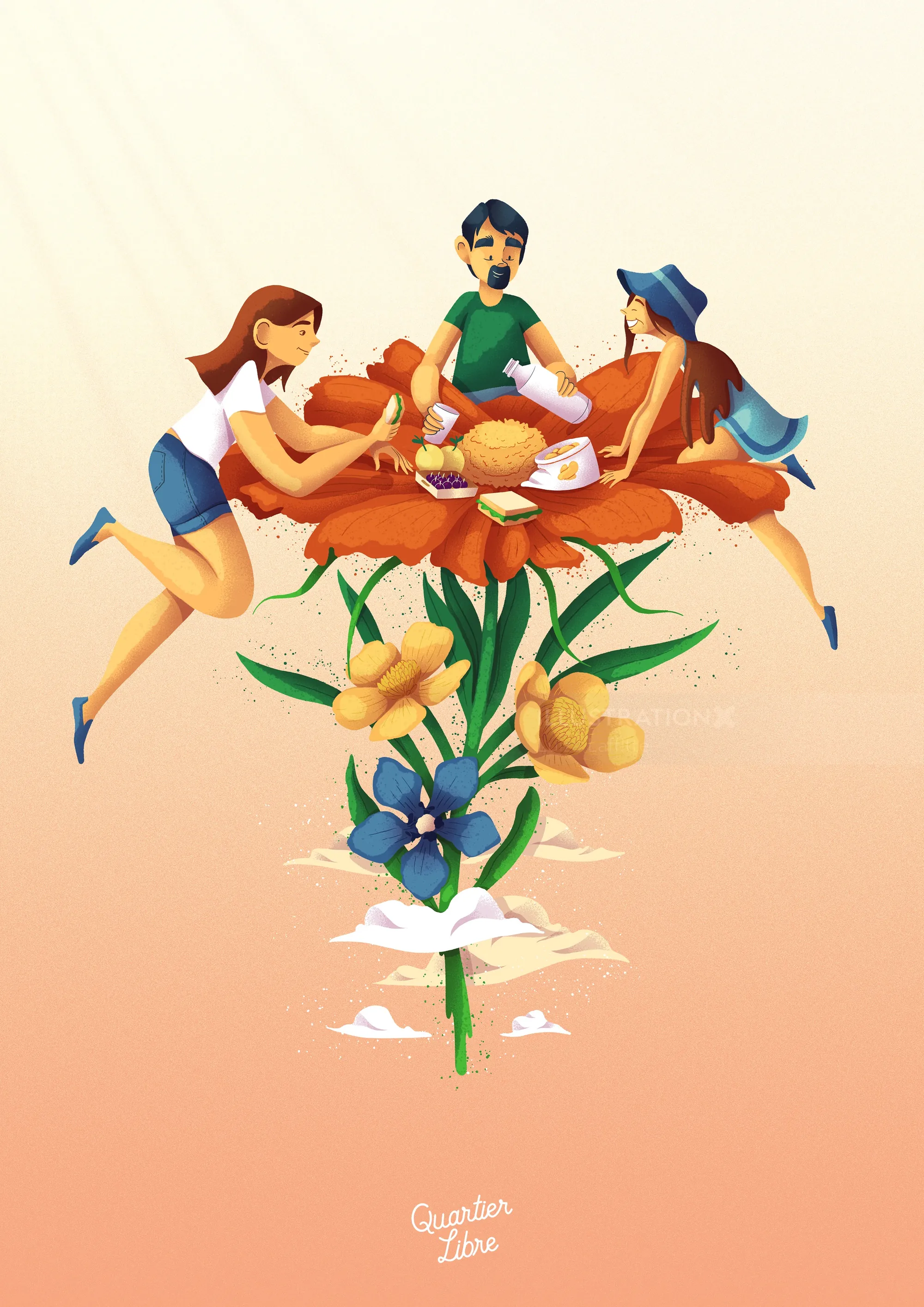 Illustration of four people sharing a meal on a flower table by Luiza Laffitte