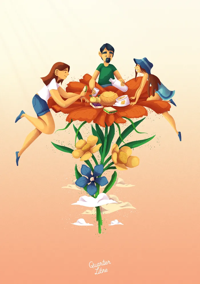 Illustration of four people sharing a meal on a flower table by Luiza Laffitte