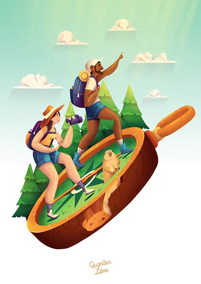 Two hikers with backpacks and dog walk on large frying pan in forest by Luiza Laffitte