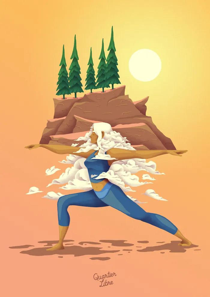 Artwork of woman doing yoga pose with mountain and trees in background by Luiza Laffitte