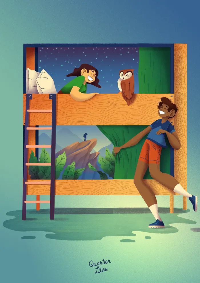 Children playing on bunk bed near window with owl and forest view by Luiza Laffitte