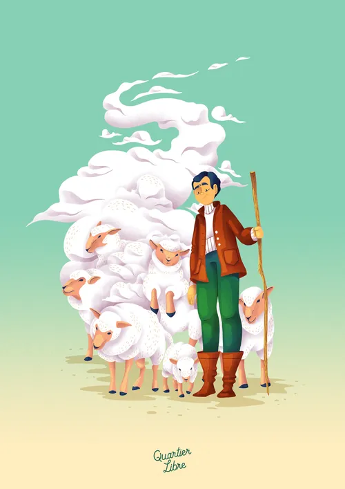 Shepherd standing with sheep and a staff in a pastoral setting by Luiza Laffitte
