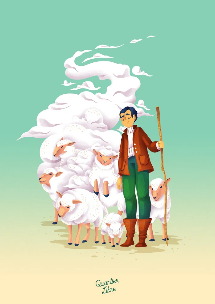 Shepherd standing with sheep and a staff in a pastoral setting by Luiza Laffitte