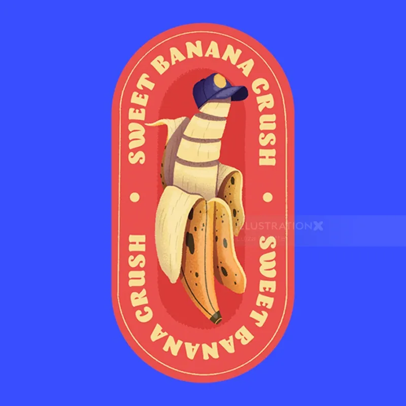 Sweet Banana Crush logo with anthropomorphic banana character by Luiza Laffitte