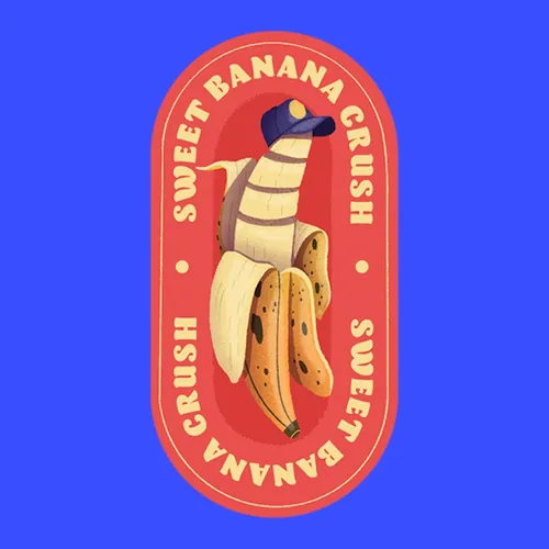 Sweet Banana Crush logo with anthropomorphic banana character by Luiza Laffitte