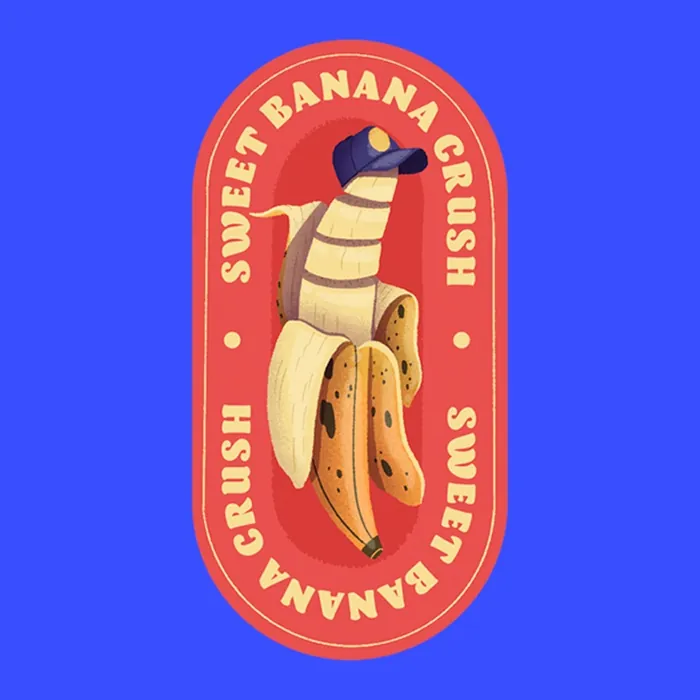 Sweet Banana Crush logo with anthropomorphic banana character by Luiza Laffitte