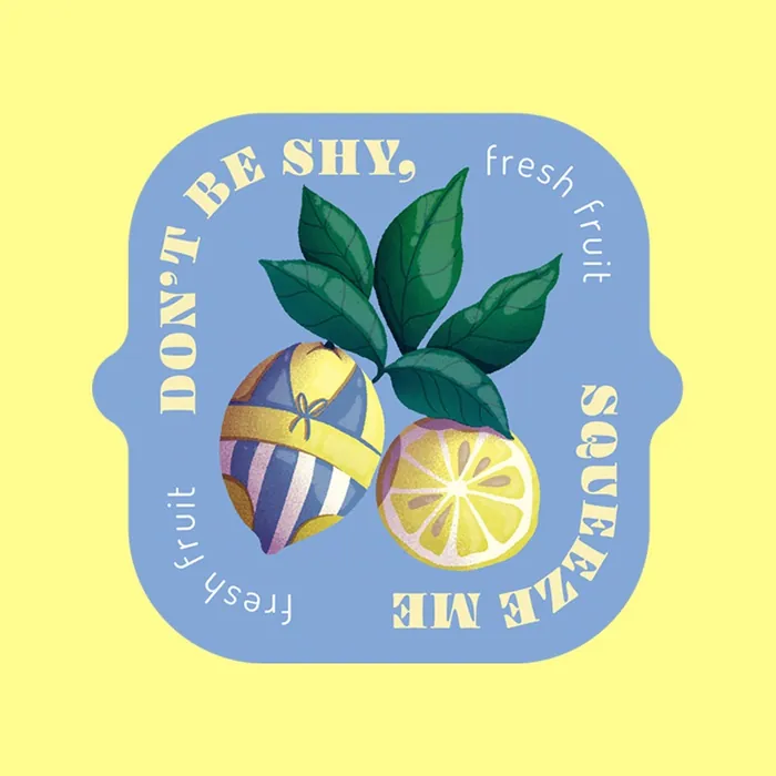 Illustration of fresh lemon with leaves and text 'Don’t be shy, squeeze me' by Luiza Laffitte