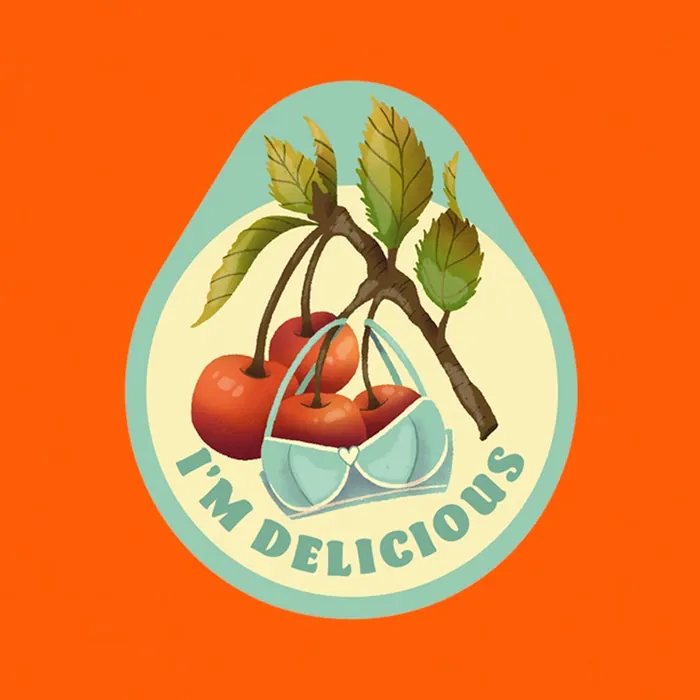Illustration of cherries on branch with leaves and 'I'm Delicious' text by Luiza Laffitte