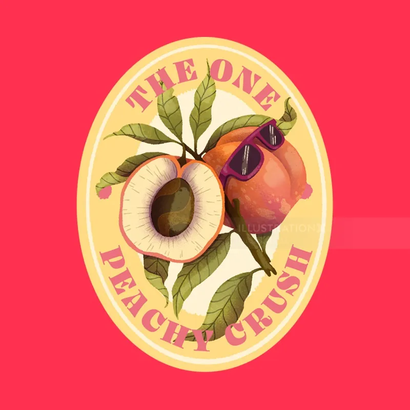 Peach with sunglasses and leaves on yellow oval background by Luiza Laffitte