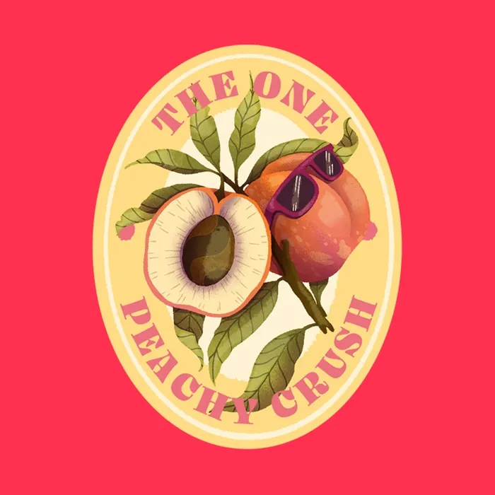Peach with sunglasses and leaves on yellow oval background by Luiza Laffitte