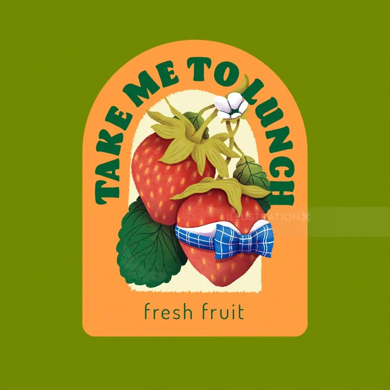 Strawberries illustration with one wearing a blue face mask by Luiza Laffitte