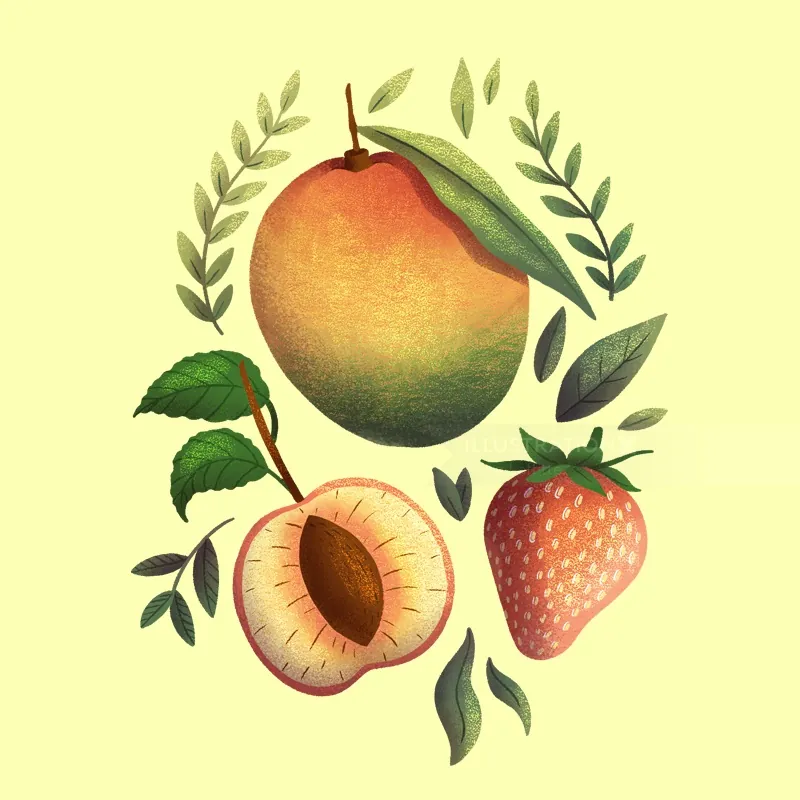 Vintage botanical illustration of mango, peach, and strawberry fruits by Luiza Laffitte
