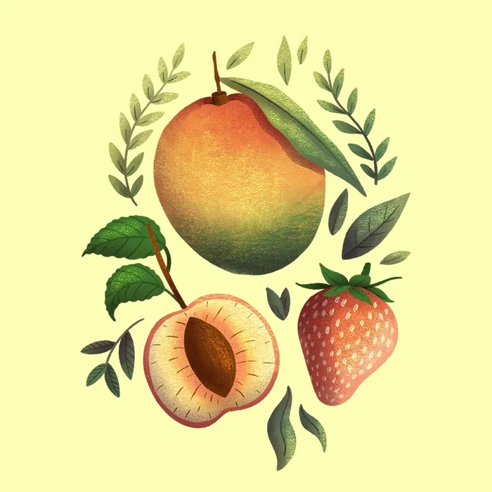Vintage botanical illustration of mango, peach, and strawberry fruits by Luiza Laffitte
