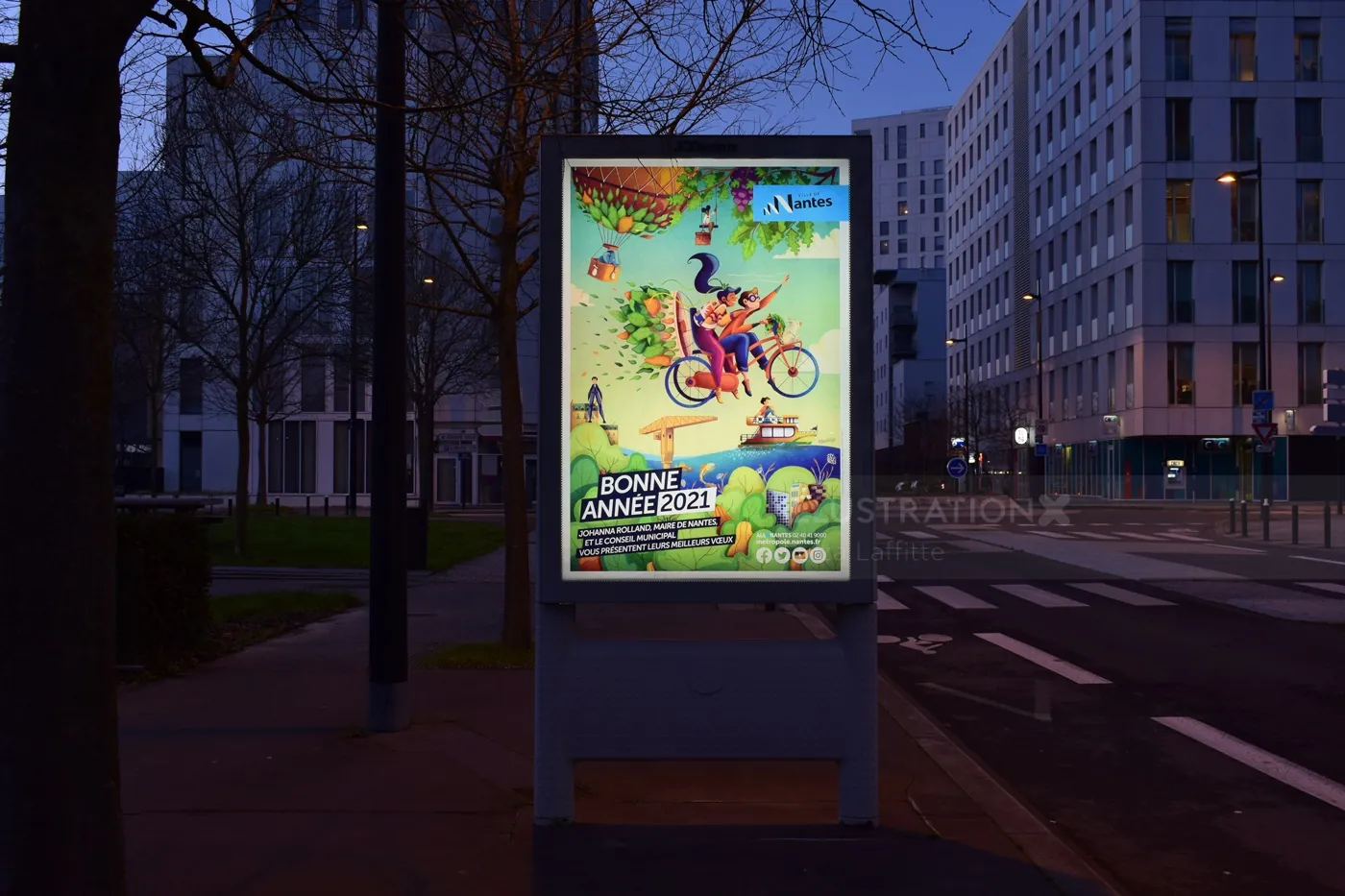 Advertisement billboard at city bus stop illuminated at twilight by Luiza Laffitte