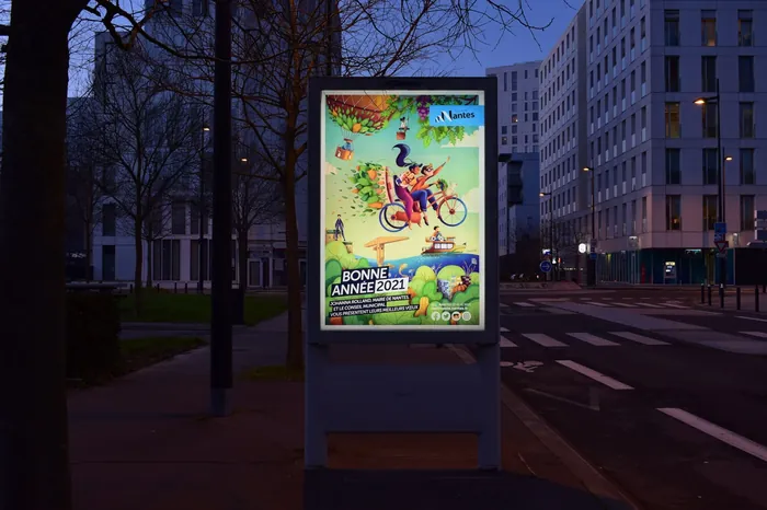 Advertisement billboard at city bus stop illuminated at twilight by Luiza Laffitte