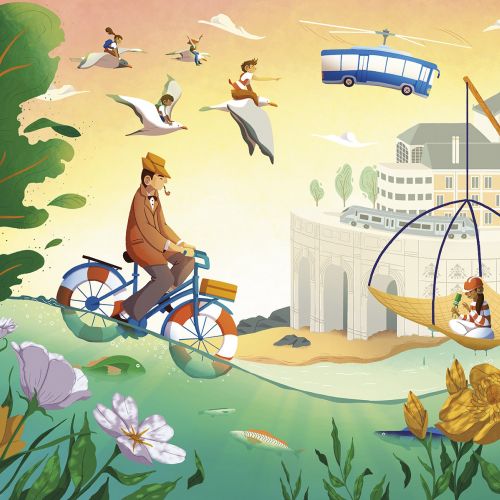 Surreal urban scene with cyclist, birds, floating bus, and treehouse by Luiza Laffitte
