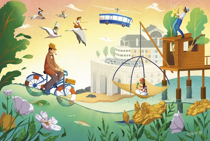 Surreal urban scene with cyclist, birds, floating bus, and treehouse by Luiza Laffitte
