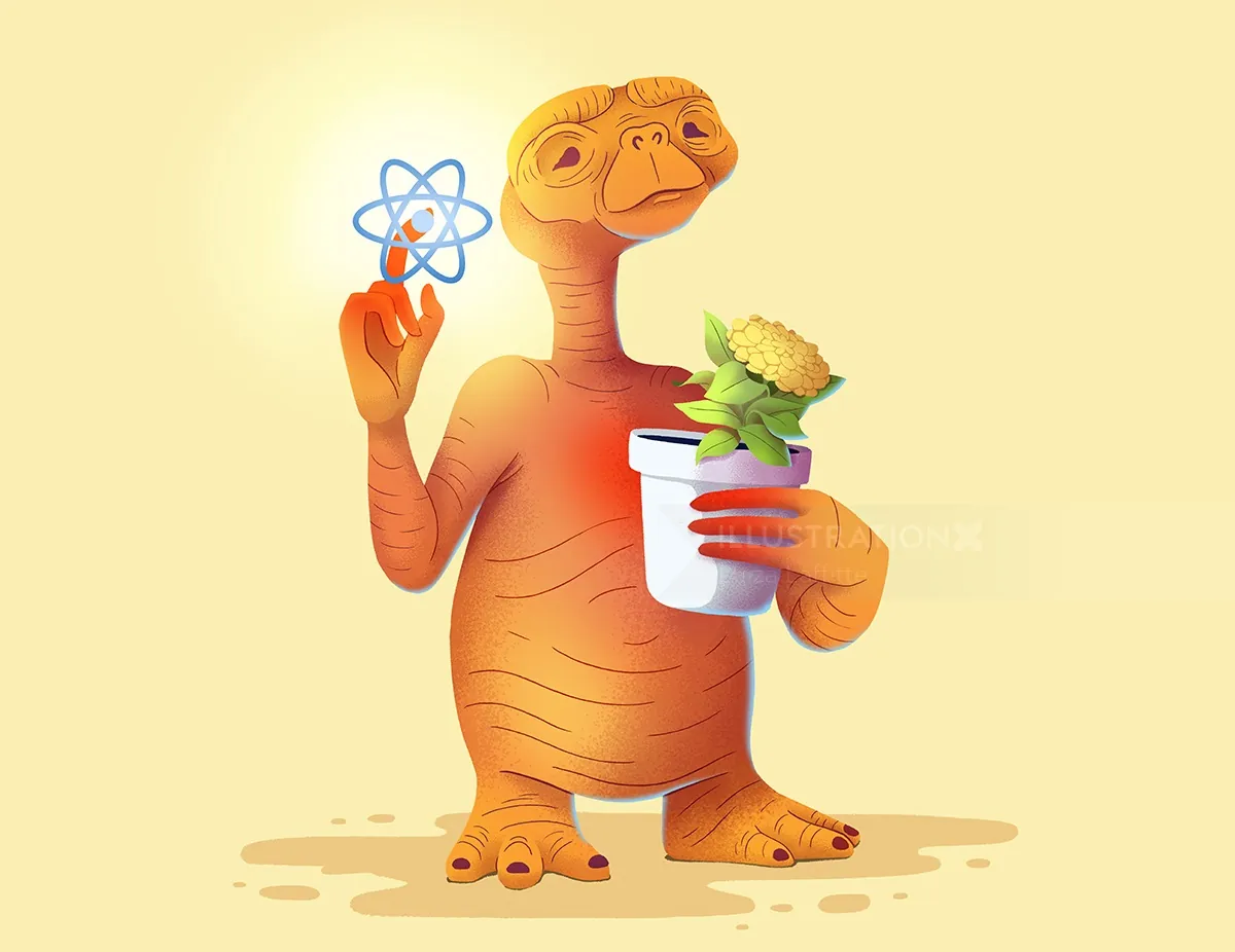 Cartoon alien holding a potted plant and atom symbol by Luiza Laffitte
