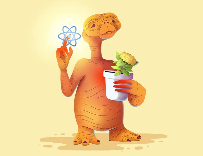 Cartoon alien holding a potted plant and atom symbol by Luiza Laffitte