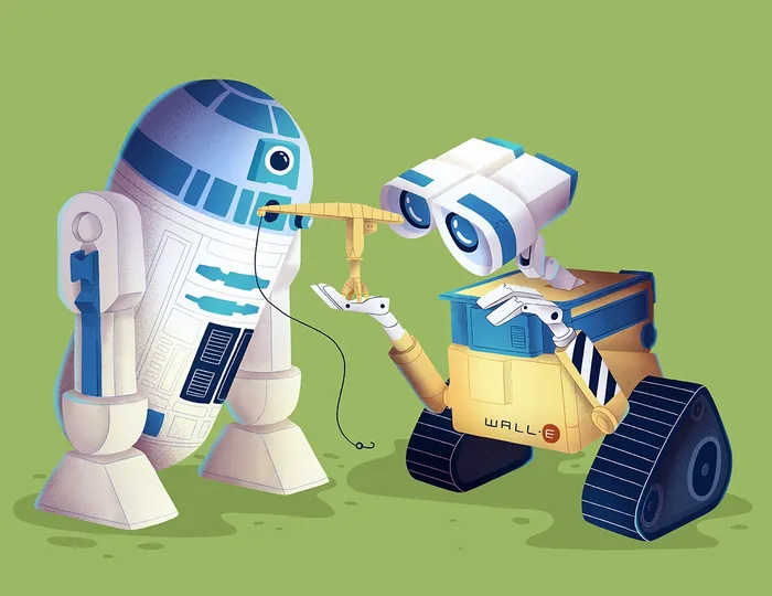 Wall-E and R2-D2 sharing a spaghetti strand illustration by Luiza Laffitte
