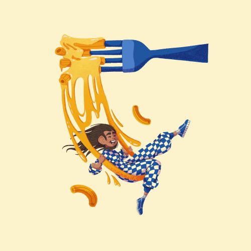 Person swinging on fork with macaroni noodles in playful scene