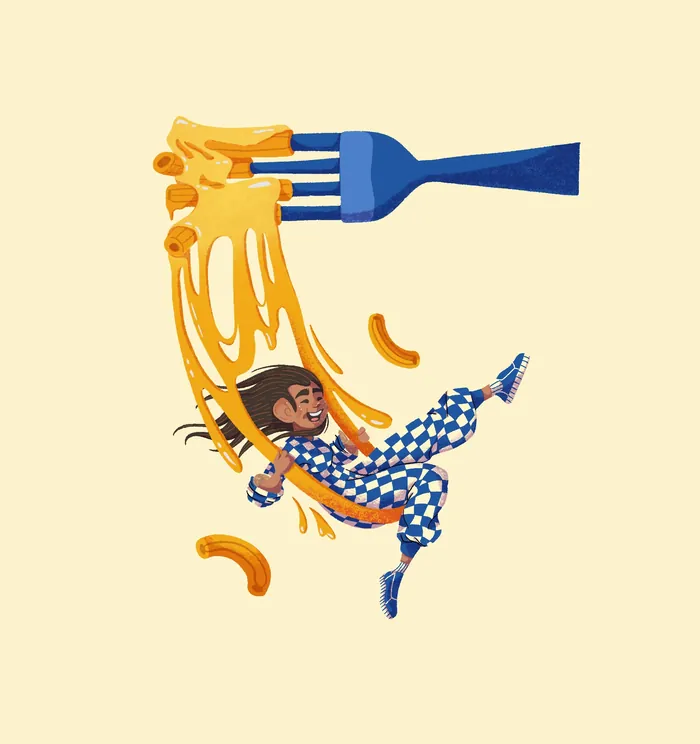 Person swinging on fork with macaroni noodles in playful scene