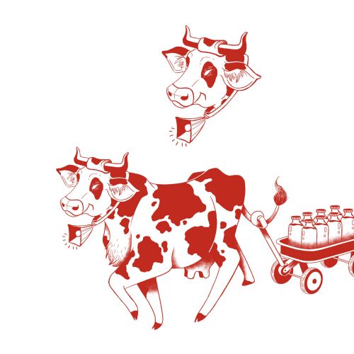 Red and white cartoon cow pulling wagon with milk bottles