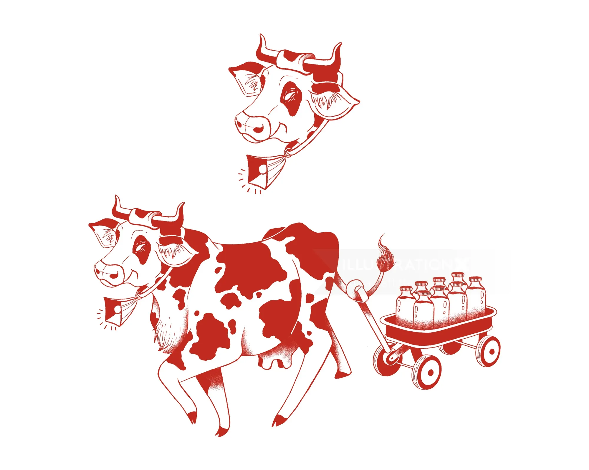 Red and white cartoon cow pulling wagon with milk bottles