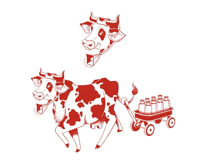 Red and white cartoon cow pulling wagon with milk bottles
