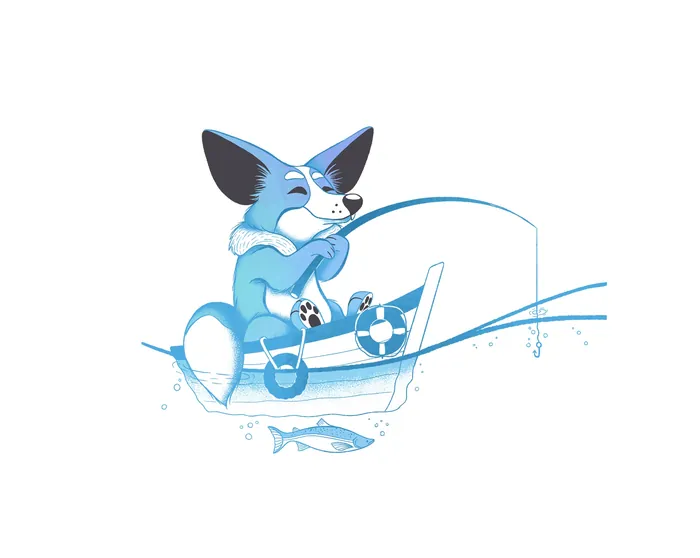 Blue dog fishing in a boat with fish underwater
