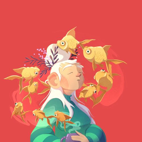 Elderly person meditating surrounded by floating goldfish on red background