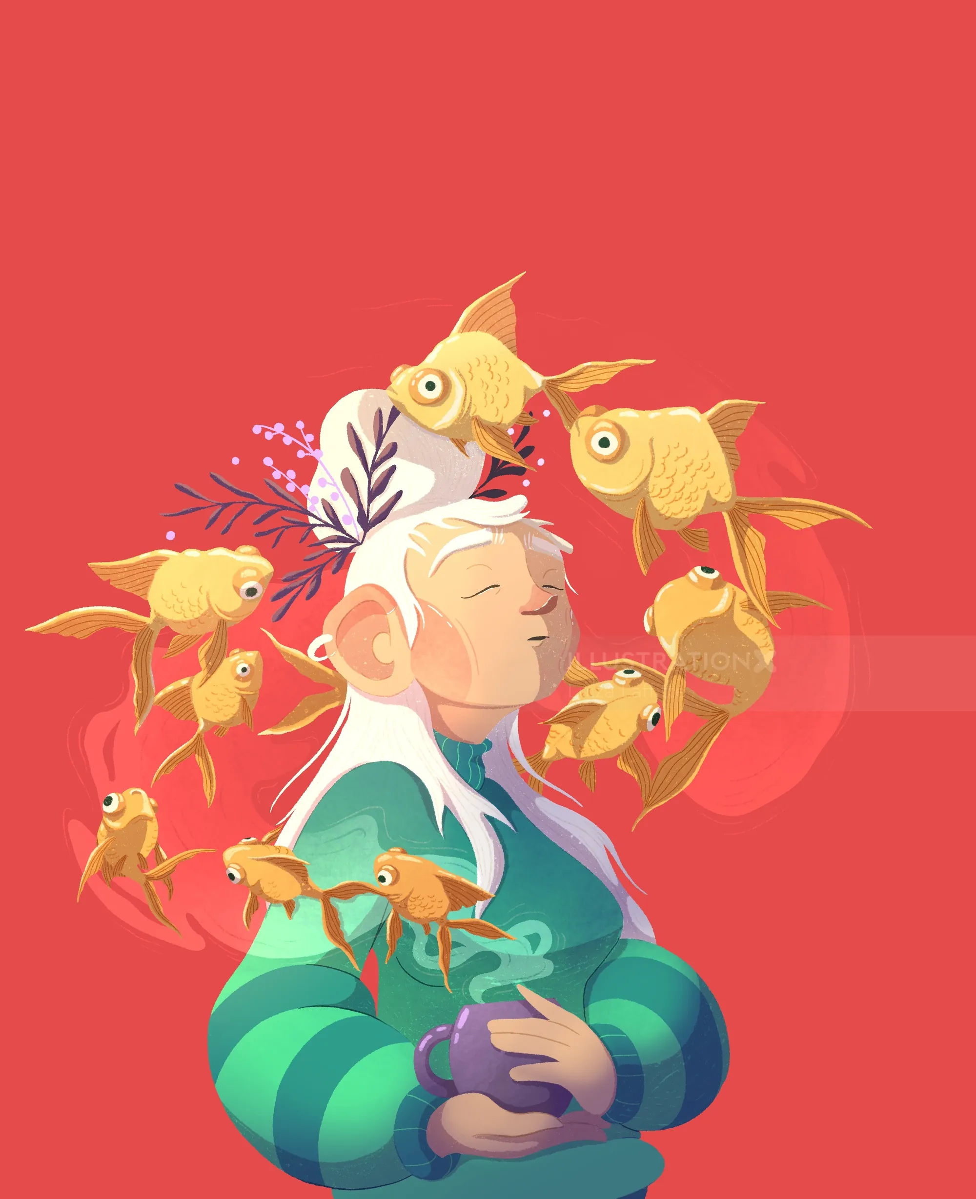 Elderly person meditating surrounded by floating goldfish on red background