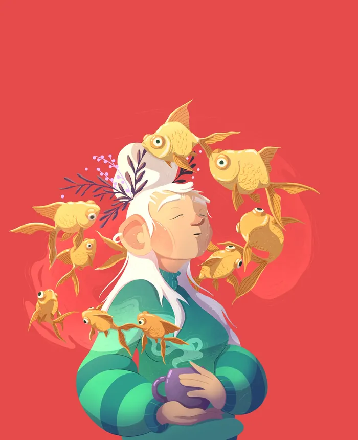 Elderly person meditating surrounded by floating goldfish on red background