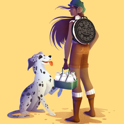 Young woman carrying milk and Oreo backpack with a happy spotted dog