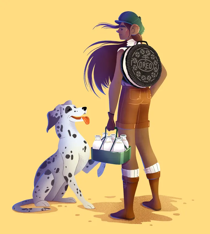 Young woman carrying milk and Oreo backpack with a happy spotted dog