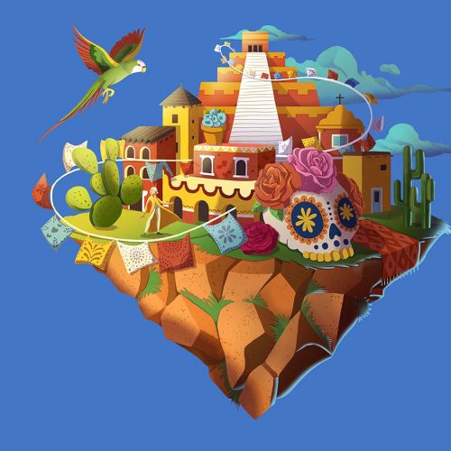 Day of the Dead skull, pyramid, cactus, and parrot illustration