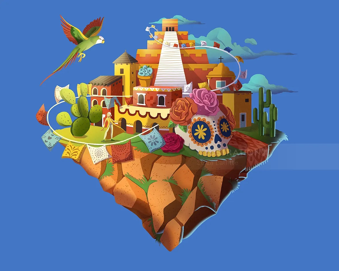 Day of the Dead skull, pyramid, cactus, and parrot illustration