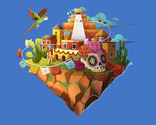 Day of the Dead skull, pyramid, cactus, and parrot illustration