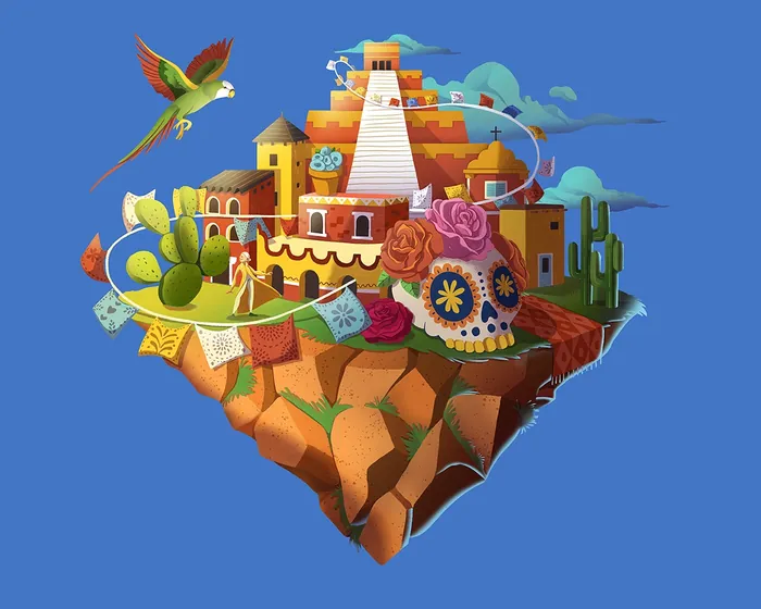 Day of the Dead skull, pyramid, cactus, and parrot illustration
