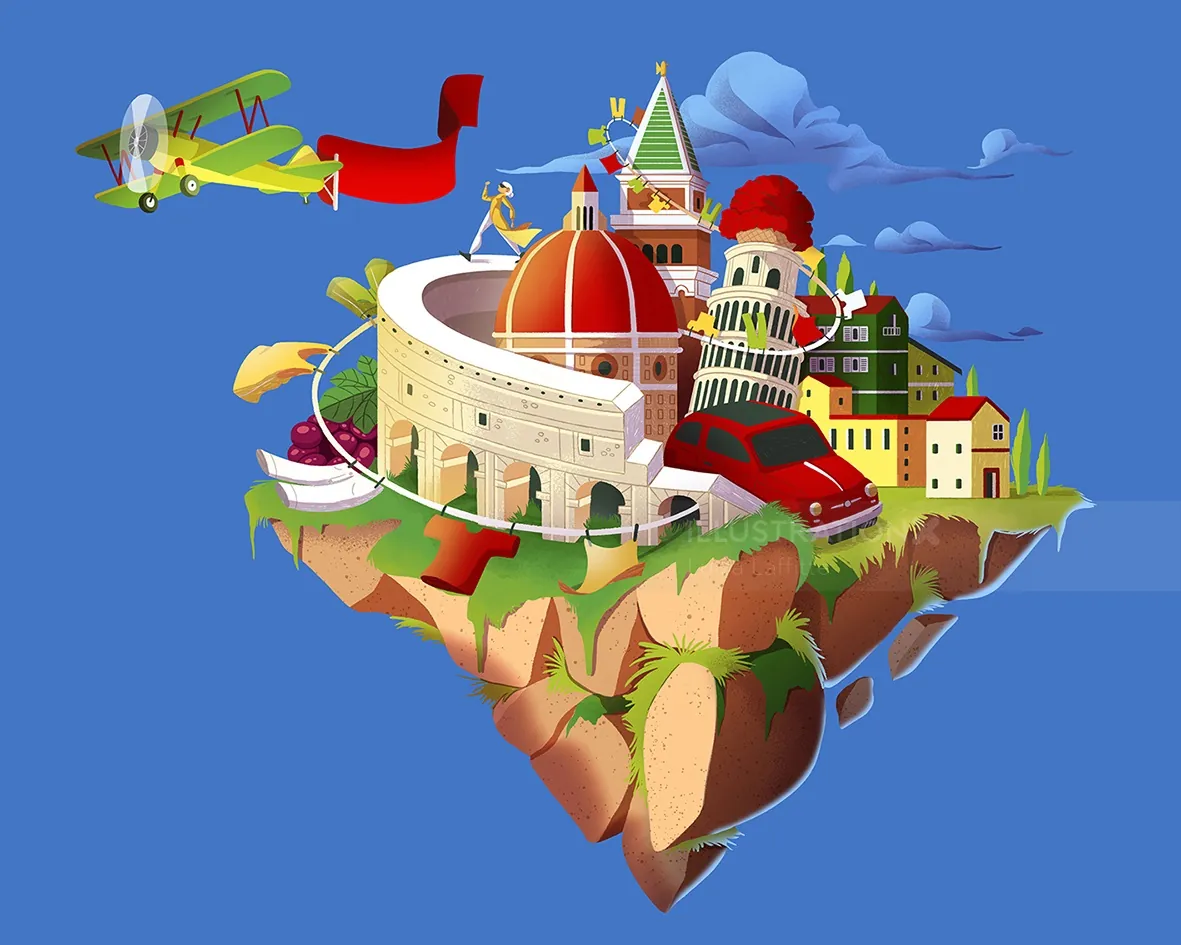 Floating island with Italian landmarks, red car, and airplane