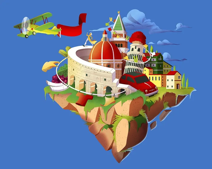 Floating island with Italian landmarks, red car, and airplane