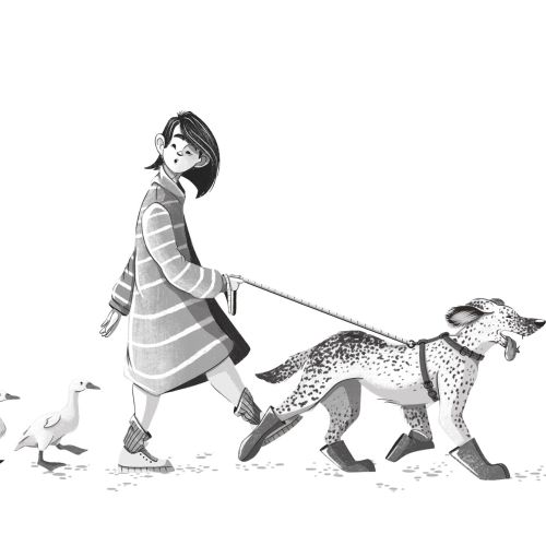 Black and white art of lady with pets